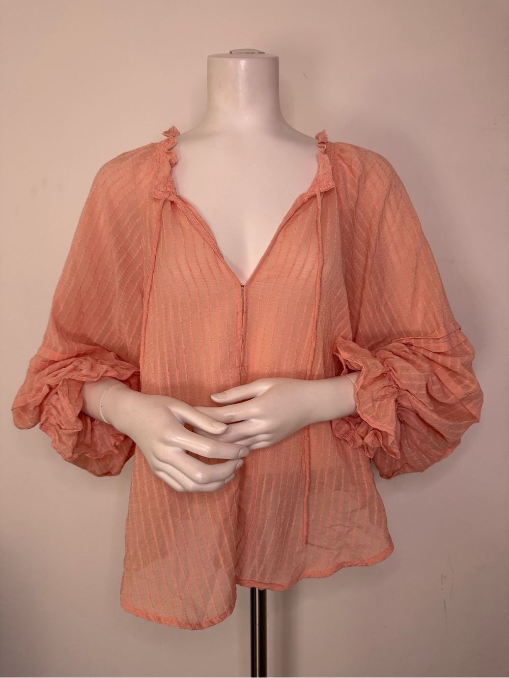 Free People Peach Ruffle-Sleeve Sheer Blouse